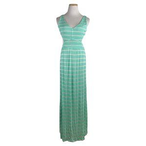 Ocean Drive Maxi Dress Size Large Teal silver Stripes Summer Backless Tank Knit